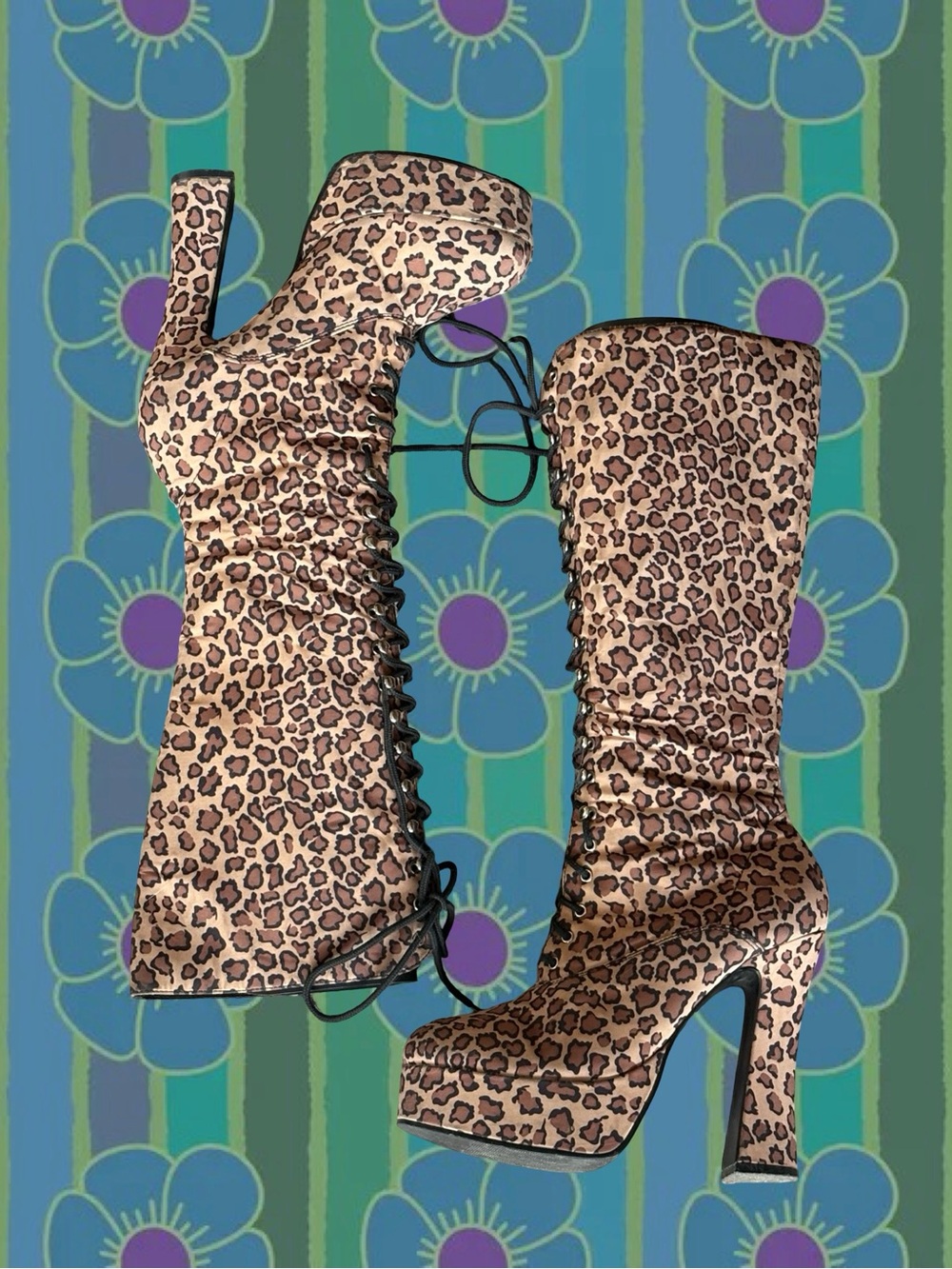 Pleaser Leopard Print Lace-Up Knee-High Platform Boots